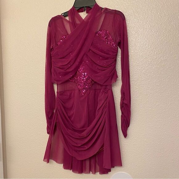 WEISSMAN Dance Costume hot pink sequin long sleeve dress Happier 11465 adult MA - Picture 2 of 10